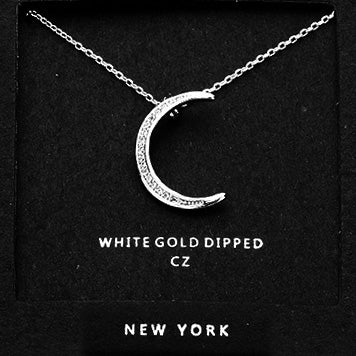 White Gold Dipped CZ Moon Pendant Necklace