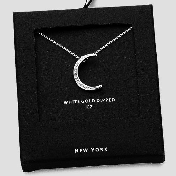 White Gold Dipped CZ Moon Pendant Necklace