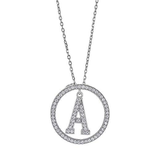 White Gold Plated Sterling Silver Circle CZ Initial Pendant Necklace