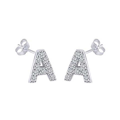 White Gold CZ Initial Stud Earrings