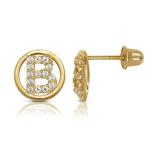 14K Gold Circle CZ Initial Sweirl Stud Earrings