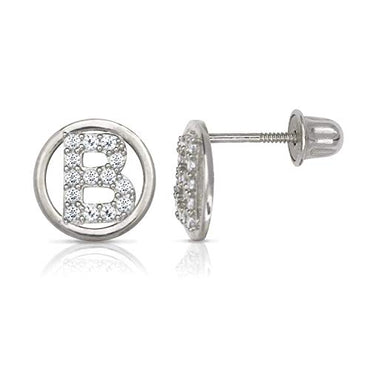 White Gold Circle CZ Initial Sweirl Stud Earrings