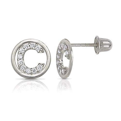 White Gold Circle CZ Initial Sweirl Stud Earrings