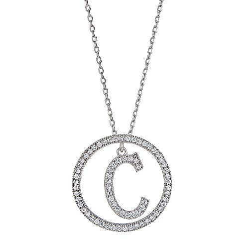 White Gold Plated Sterling Silver Circle CZ Initial Pendant Necklace