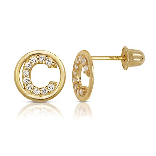 14K Gold Circle CZ Initial Sweirl Stud Earrings