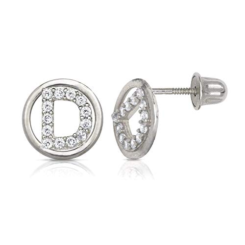 White Gold Circle CZ Initial Sweirl Stud Earrings