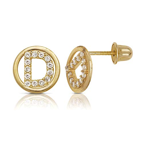 14K Gold Circle CZ Initial Sweirl Stud Earrings