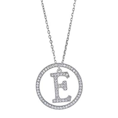 White Gold Plated Sterling Silver Circle CZ Initial Pendant Necklace