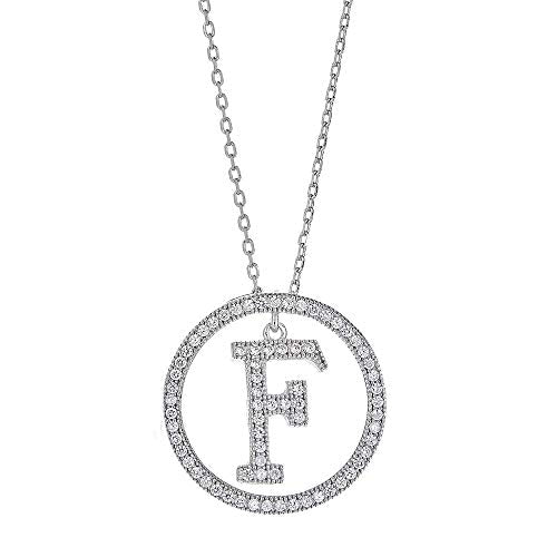 White Gold Plated Sterling Silver Circle CZ Initial Pendant Necklace