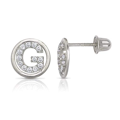 White Gold Circle CZ Initial Sweirl Stud Earrings