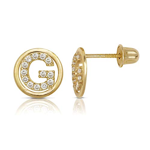 14K Gold Circle CZ Initial Sweirl Stud Earrings