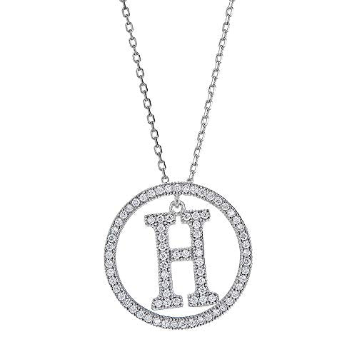 White Gold Plated Sterling Silver Circle CZ Initial Pendant Necklace