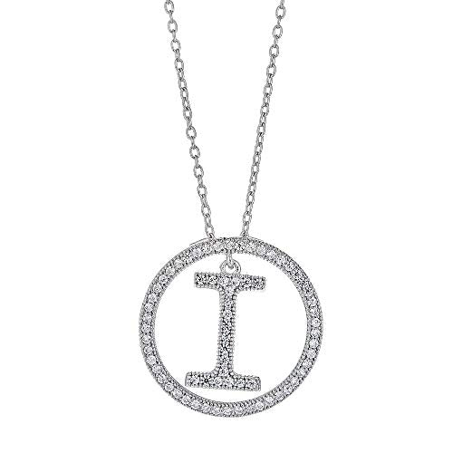 White Gold Plated Sterling Silver Circle CZ Initial Pendant Necklace