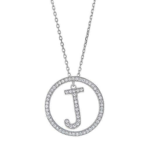 White Gold Plated Sterling Silver Circle CZ Initial Pendant Necklace