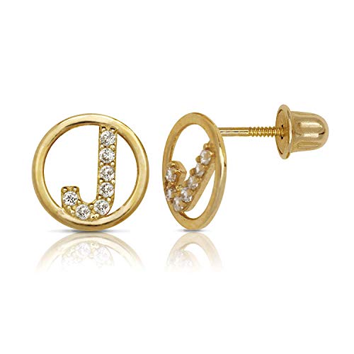 14K Gold Circle CZ Initial Sweirl Stud Earrings