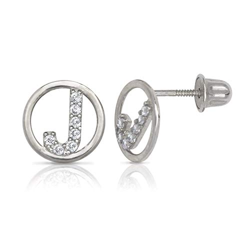 White Gold Circle CZ Initial Sweirl Stud Earrings