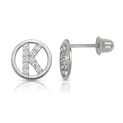 White Gold Circle CZ Initial Sweirl Stud Earrings