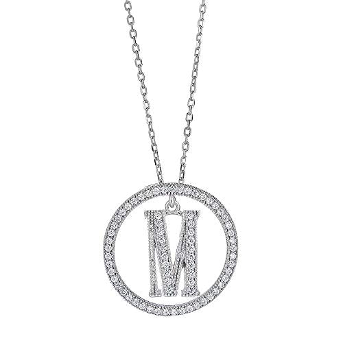 White Gold Plated Sterling Silver Circle CZ Initial Pendant Necklace