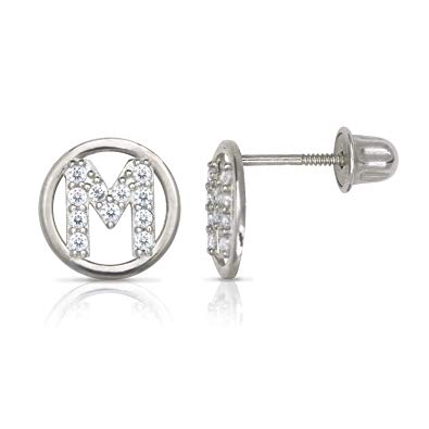 White Gold Circle CZ Initial Sweirl Stud Earrings