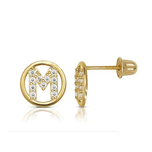 14K Gold Circle CZ Initial Sweirl Stud Earrings