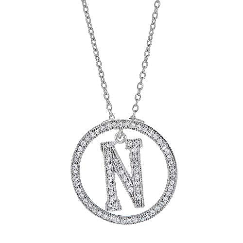 White Gold Plated Sterling Silver Circle CZ Initial Pendant Necklace