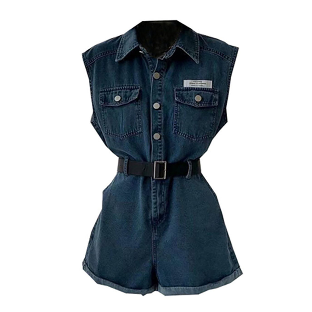 Dark Blue Denim Short Sleeves Jumpsuit