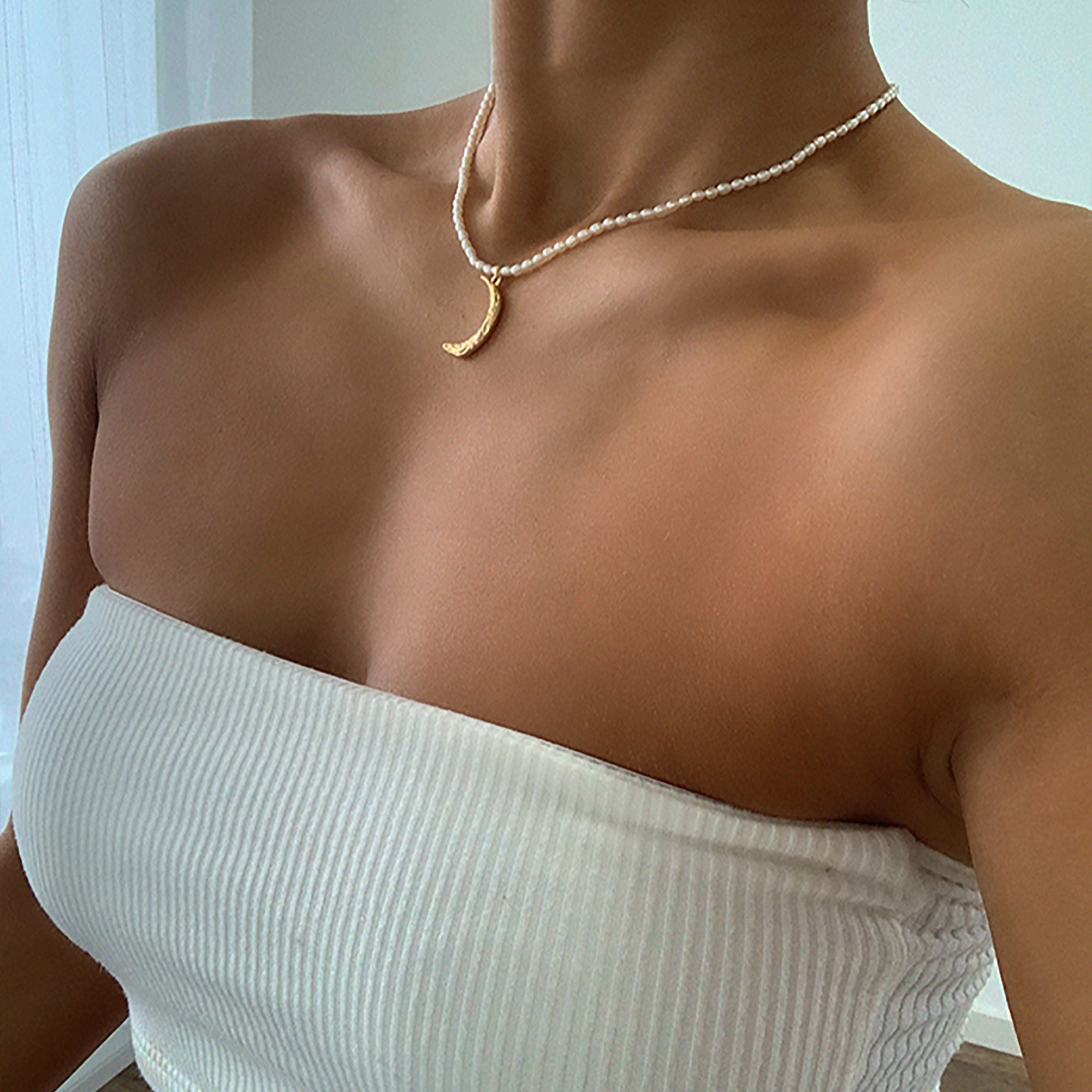 14K Gold Plated w/ CZ Moon Pendant Pearl Necklace gift holiday season birthday valentine anniversary wedding Choker Collar