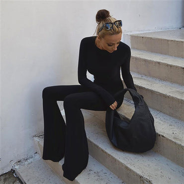 Backless Romper Jumpsuit with Long Sleeves - Black