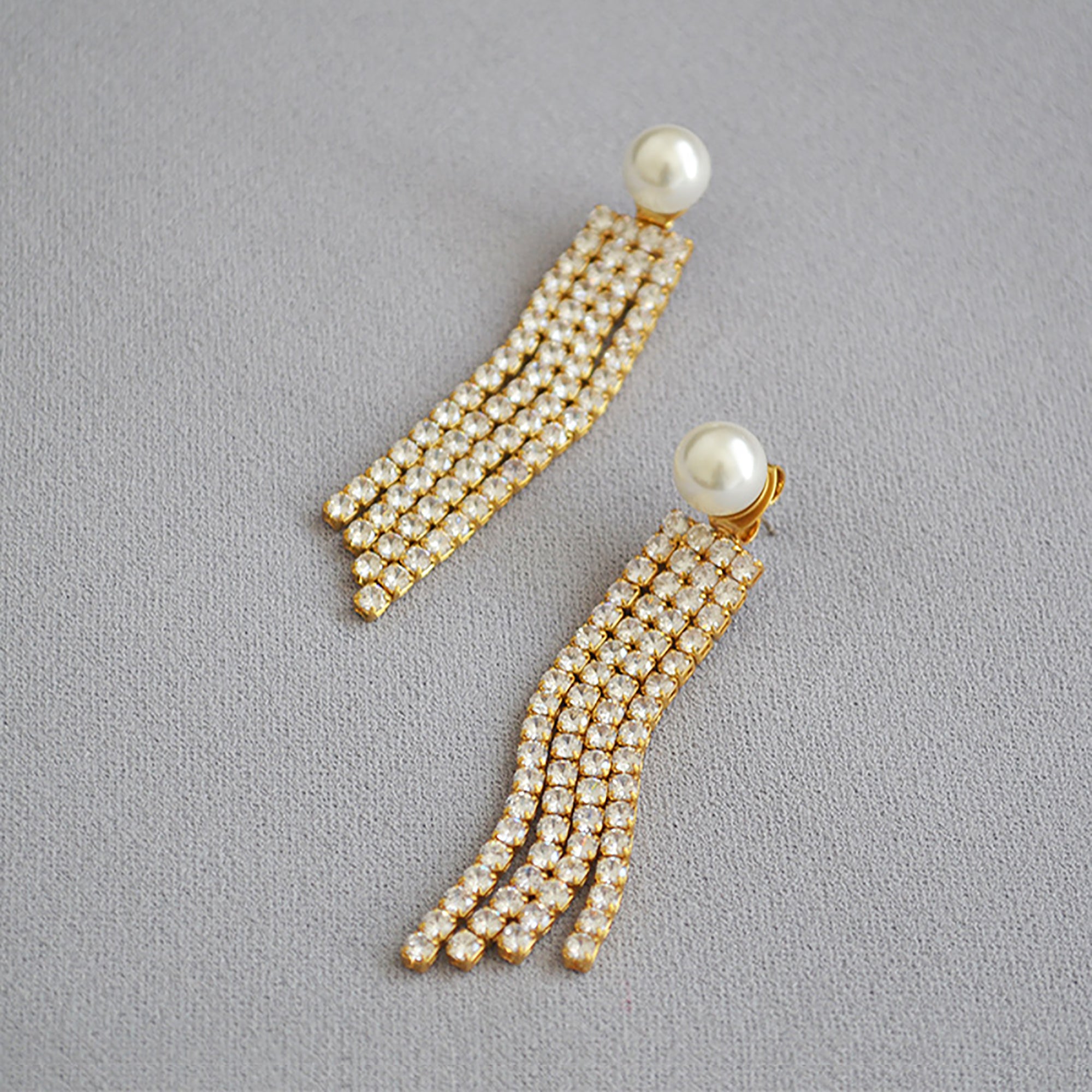 18K Gold Plated Pearl w/ CZ Tassels Double Side Earrings