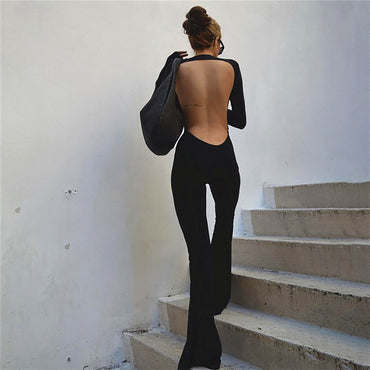 Backless Romper Jumpsuit with Long Sleeves - Black