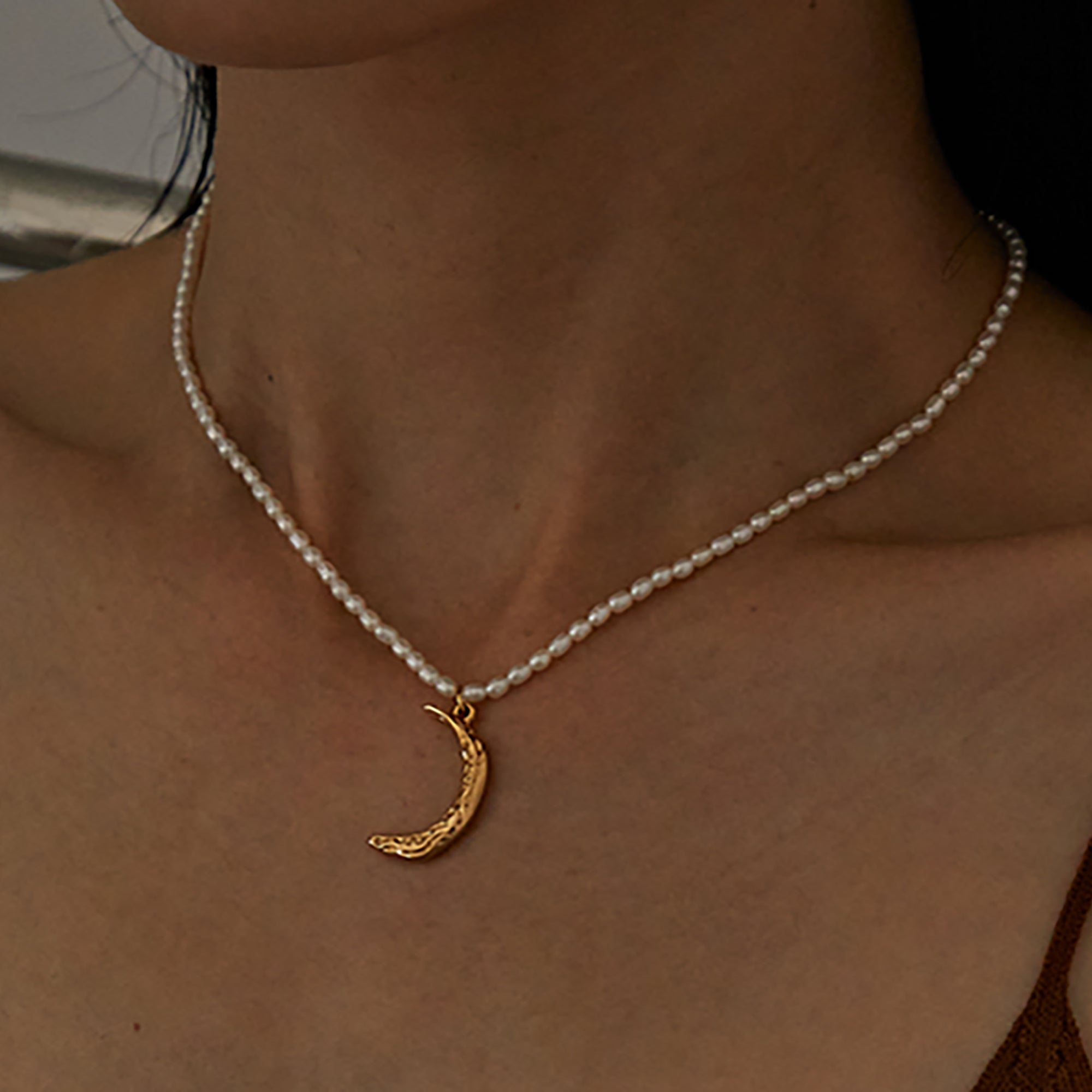 14K Gold Plated w/ CZ Moon Pendant Pearl Necklace gift holiday season birthday valentine anniversary wedding Choker Collar