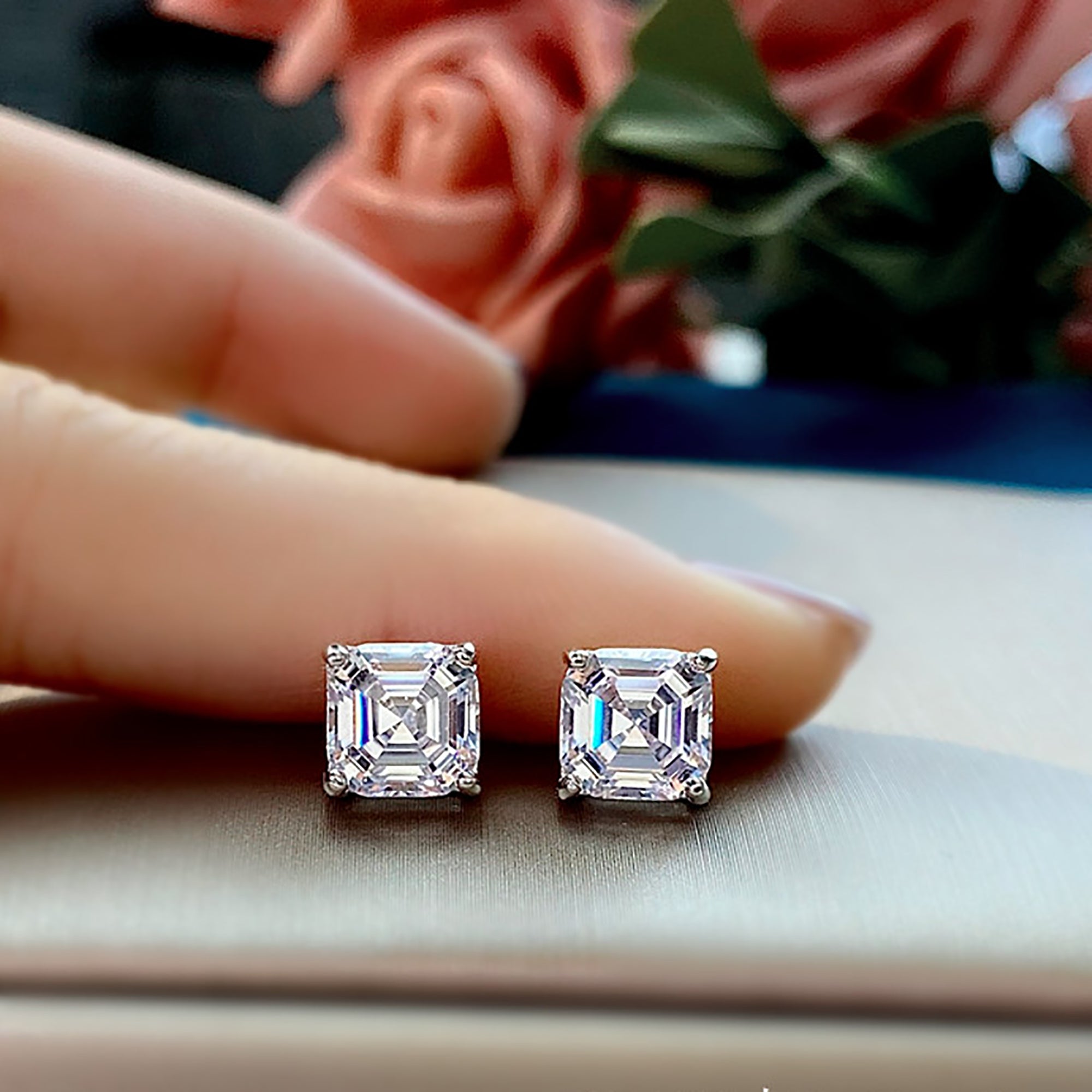 Princess Cut CZ Stud Earrings Adjustable gift valentine's Day Birthday anniversary KOL fashion