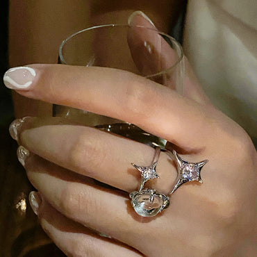 White Gold Plated CZ Stars Cocktail Ring gift holiday