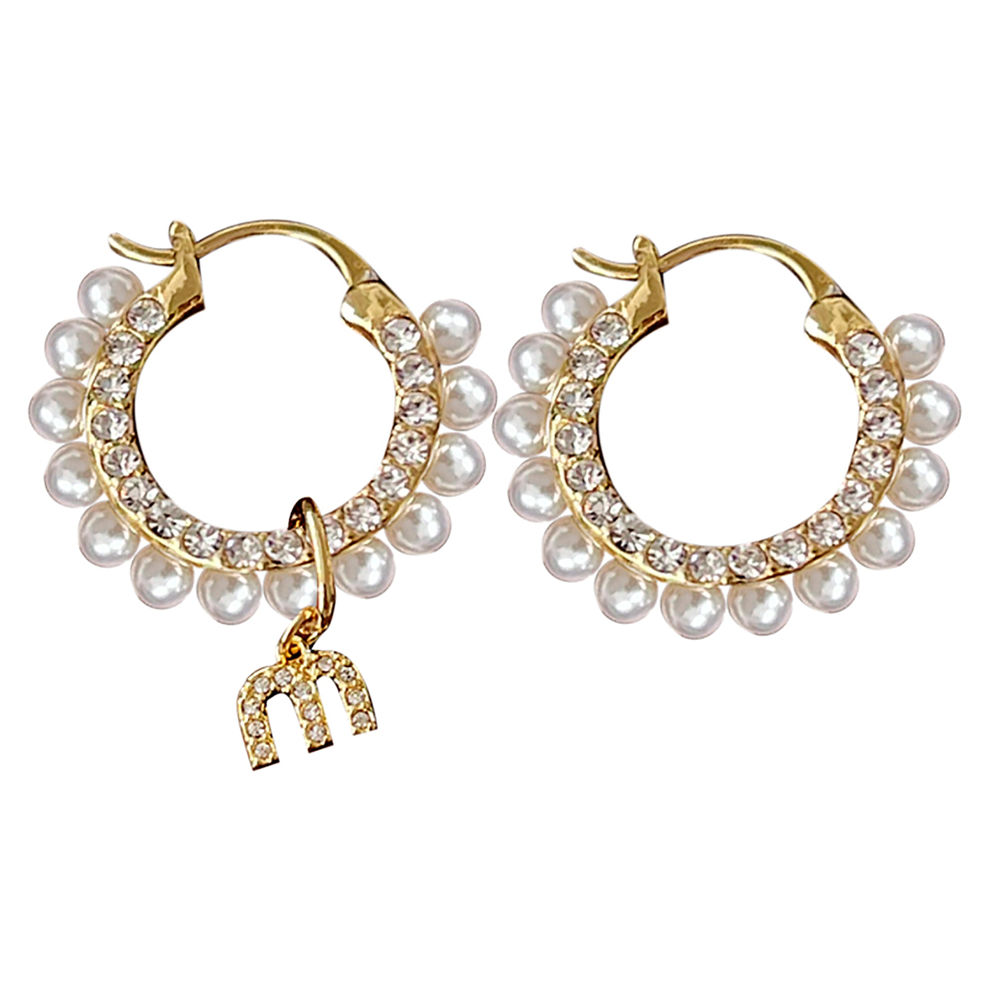 Handmade Gold Plated Pearl CZ Hoop w/ letter initial dangle Earrings Valentine Day Gift Mother's Day