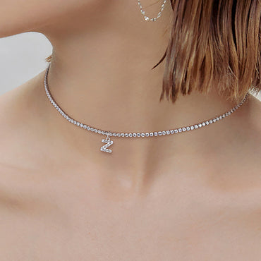 White Gold Plated CZ Letters / Initial Choker Necklace