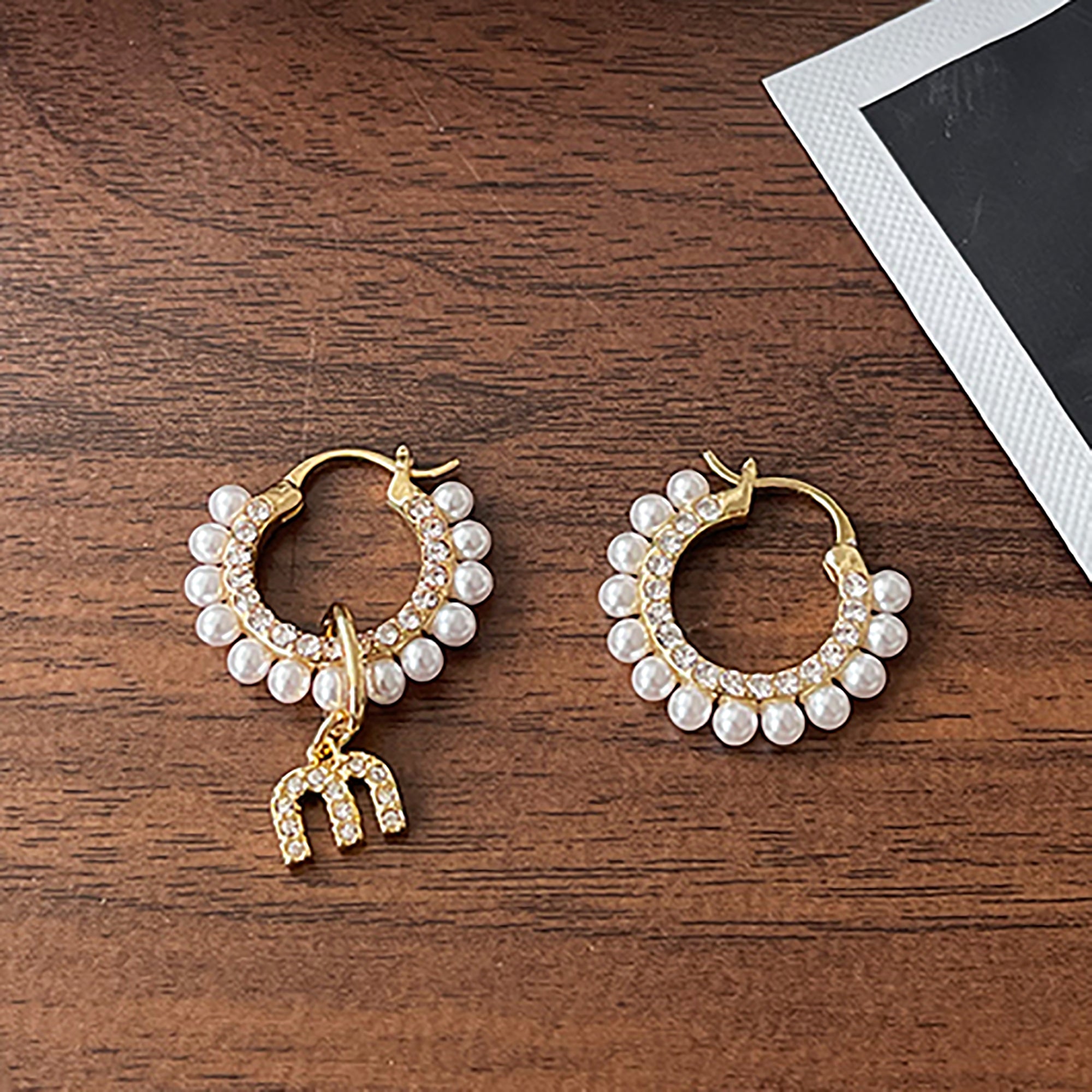 Handmade Gold Plated Pearl CZ Hoop w/ letter initial dangle Earrings Valentine Day Gift Mother's Day