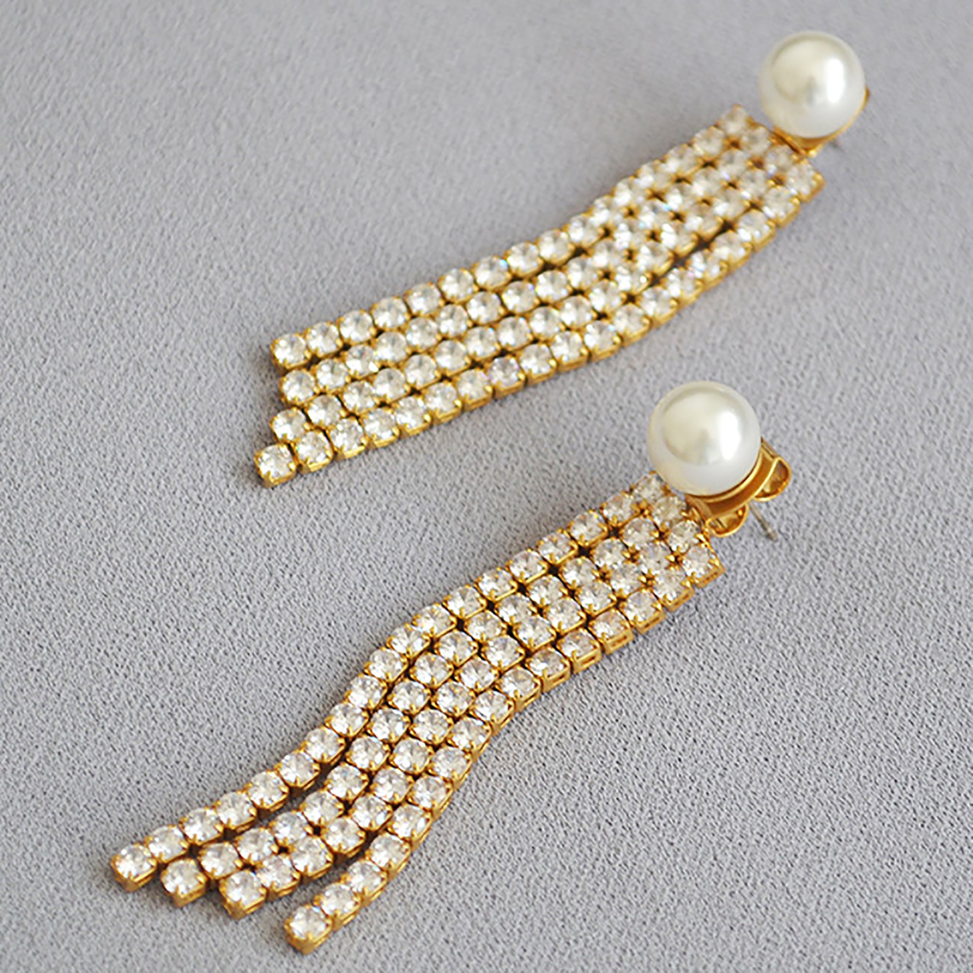 18K Gold Plated Pearl w/ CZ Tassels Double Side Earrings