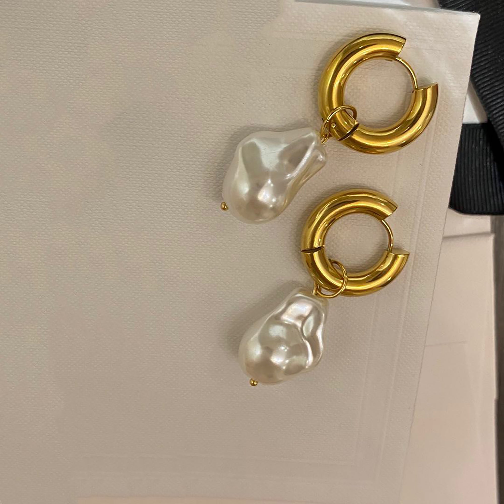 18K Gold Plated w/ Pearl Hoop Earrings Valentine Day Gift Mother's Day