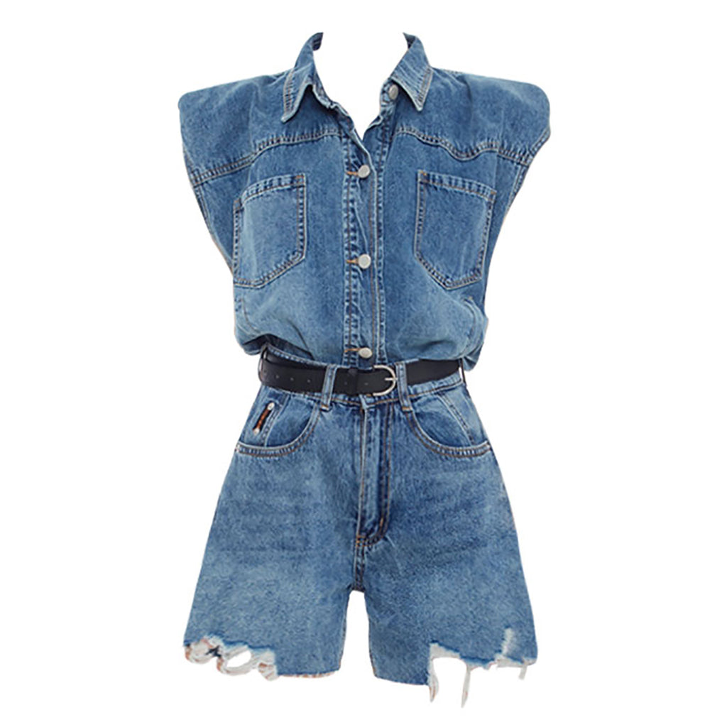 Blue Denim Short Sleeves Romper