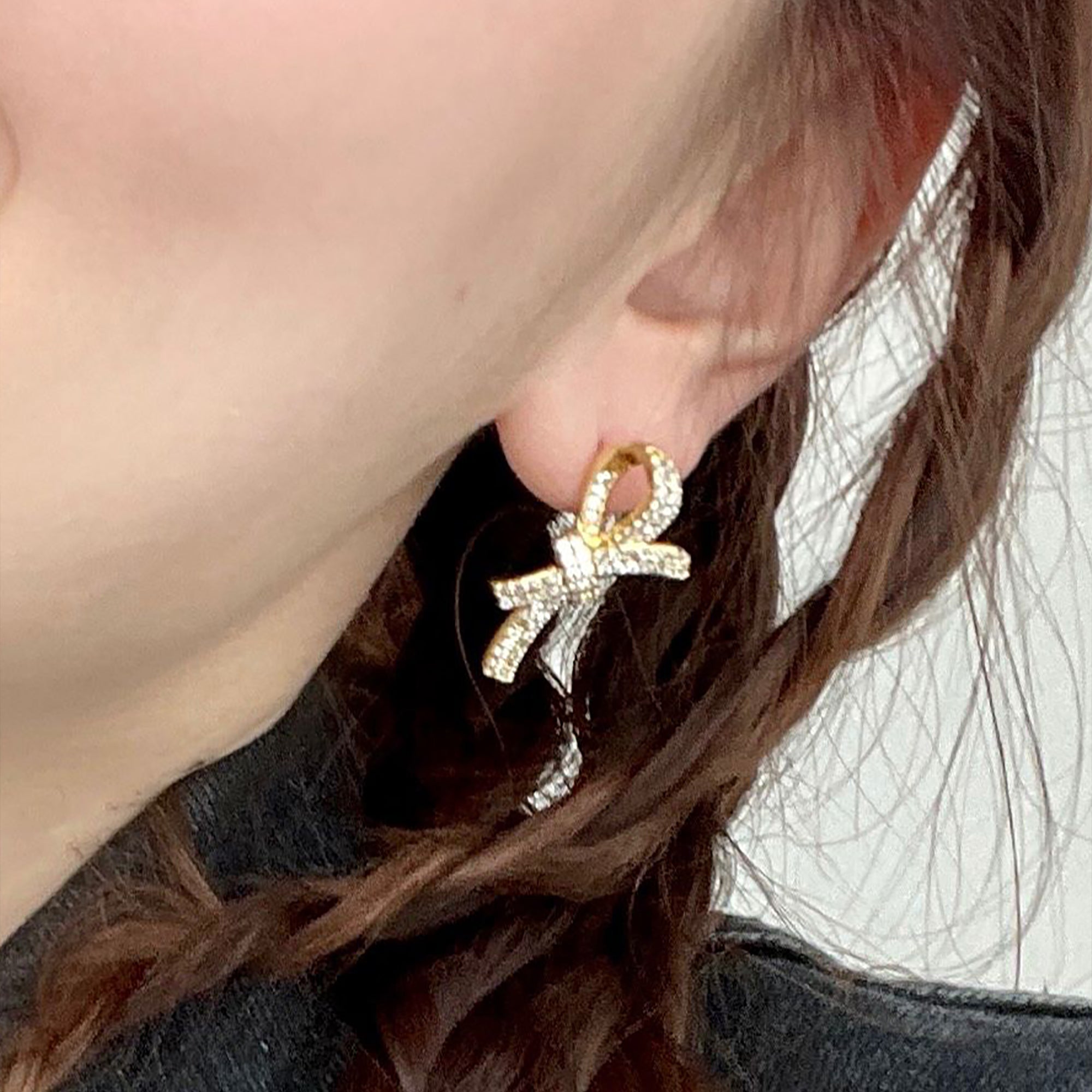 Gold Plated w/ CZ Bow Stud Earrings Valentine Day Gift Mother's Day