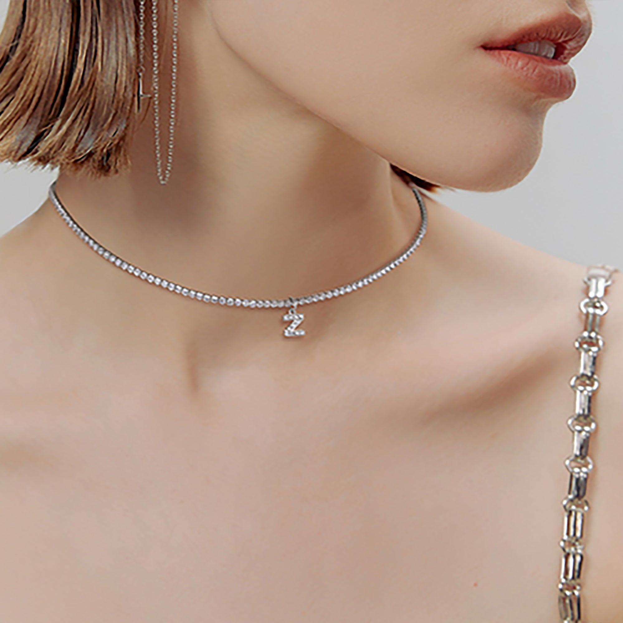 White Gold Plated CZ Letters / Initial Choker Necklace