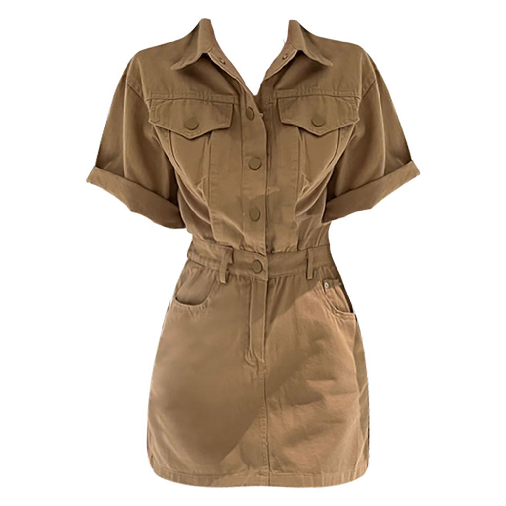 Khaki Short Sleeves Mini Dress