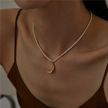 14K Gold Plated w/ CZ Moon Pendant Pearl Necklace gift holiday season birthday valentine anniversary wedding Choker Collar