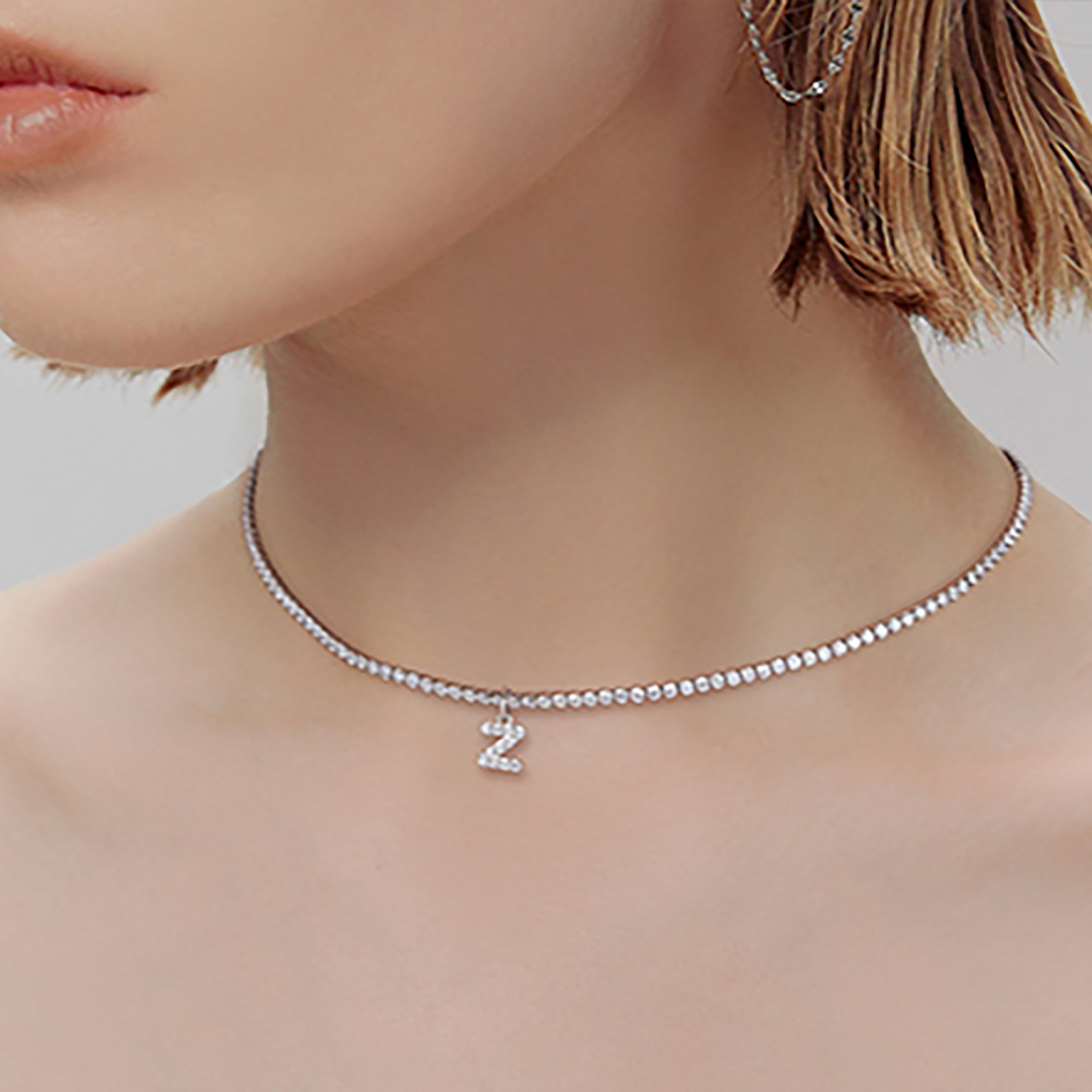 White Gold Plated CZ Letters / Initial Choker Necklace