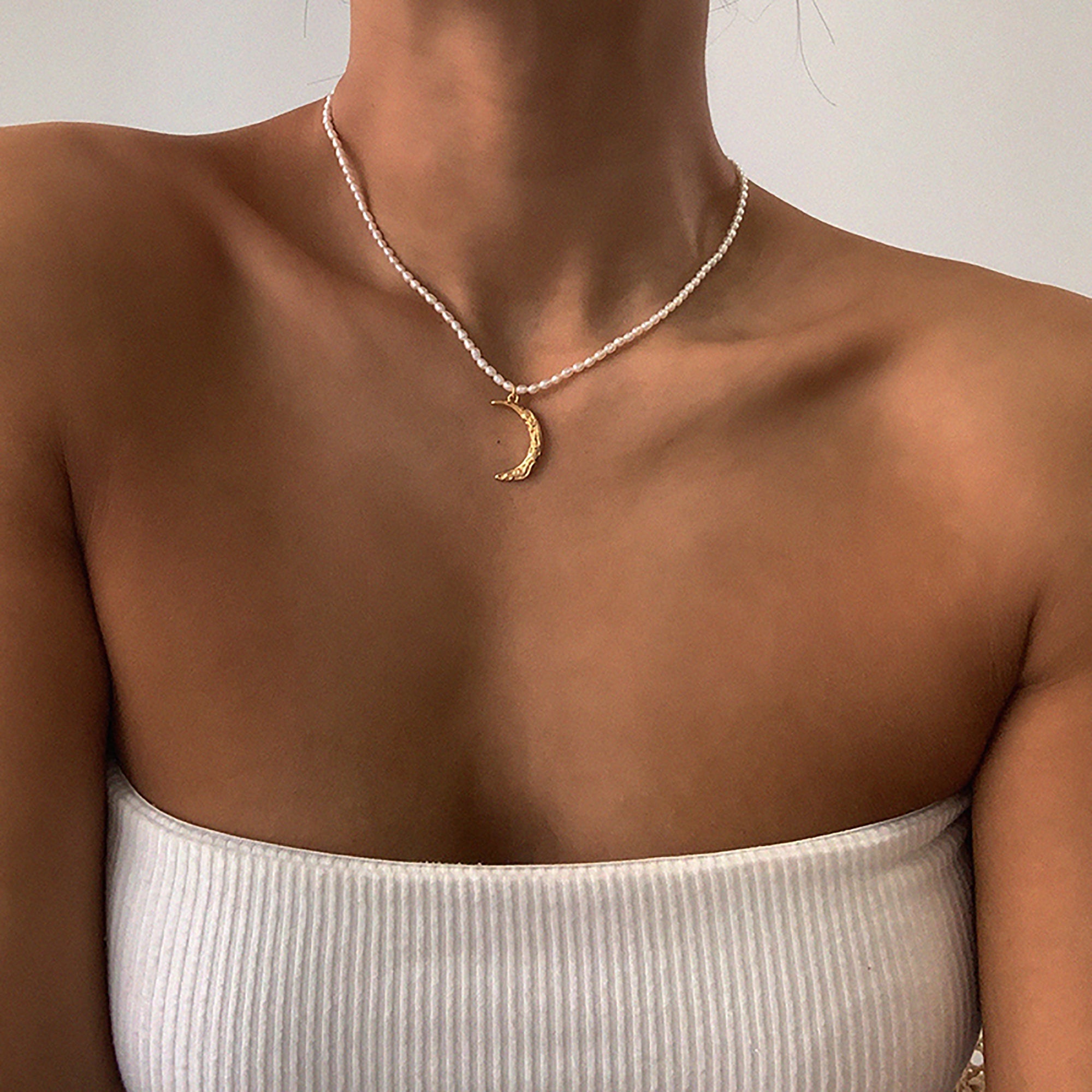 14K Gold Plated w/ CZ Moon Pendant Pearl Necklace gift holiday season birthday valentine anniversary wedding Choker Collar