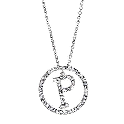 White Gold Plated Sterling Silver Circle CZ Initial Pendant Necklace