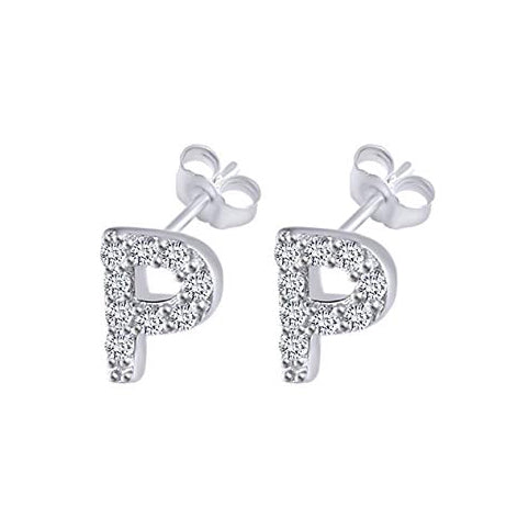 White Gold CZ Initial Stud Earrings