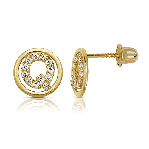 14K Gold Circle CZ Initial Sweirl Stud Earrings