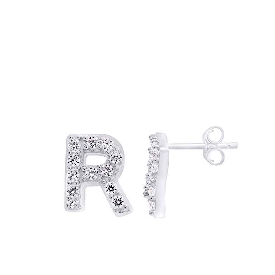 White Gold CZ Initial Stud Earrings