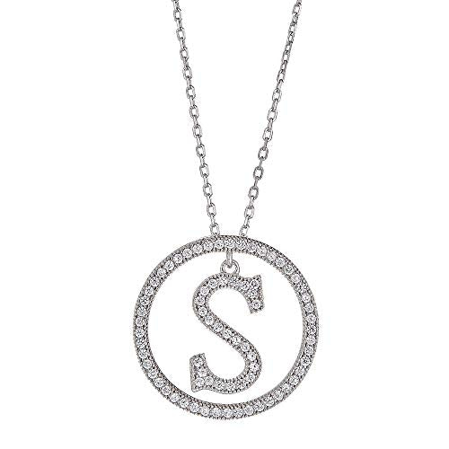 White Gold Plated Sterling Silver Circle CZ Initial Pendant Necklace